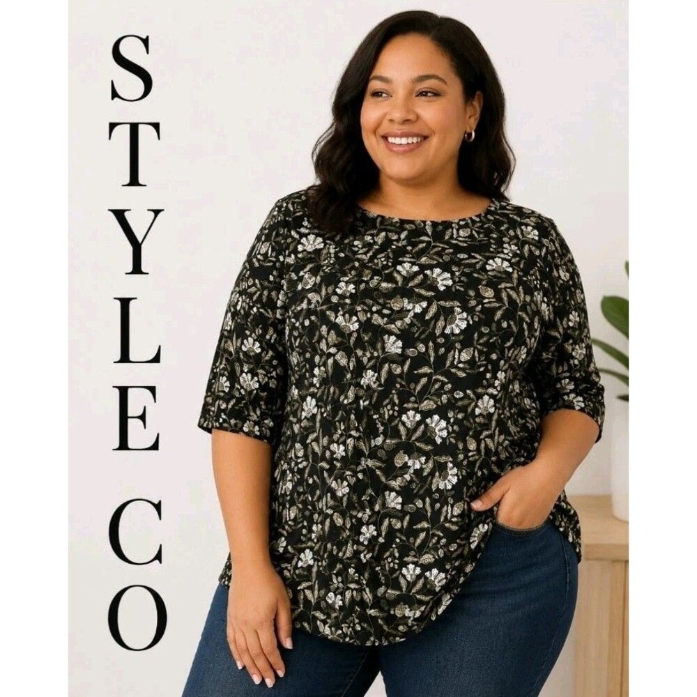 NWT STYLE CO Womens 18W/20W Floral Tropical Black Tan Elbow Sleeve T-Shirt Top